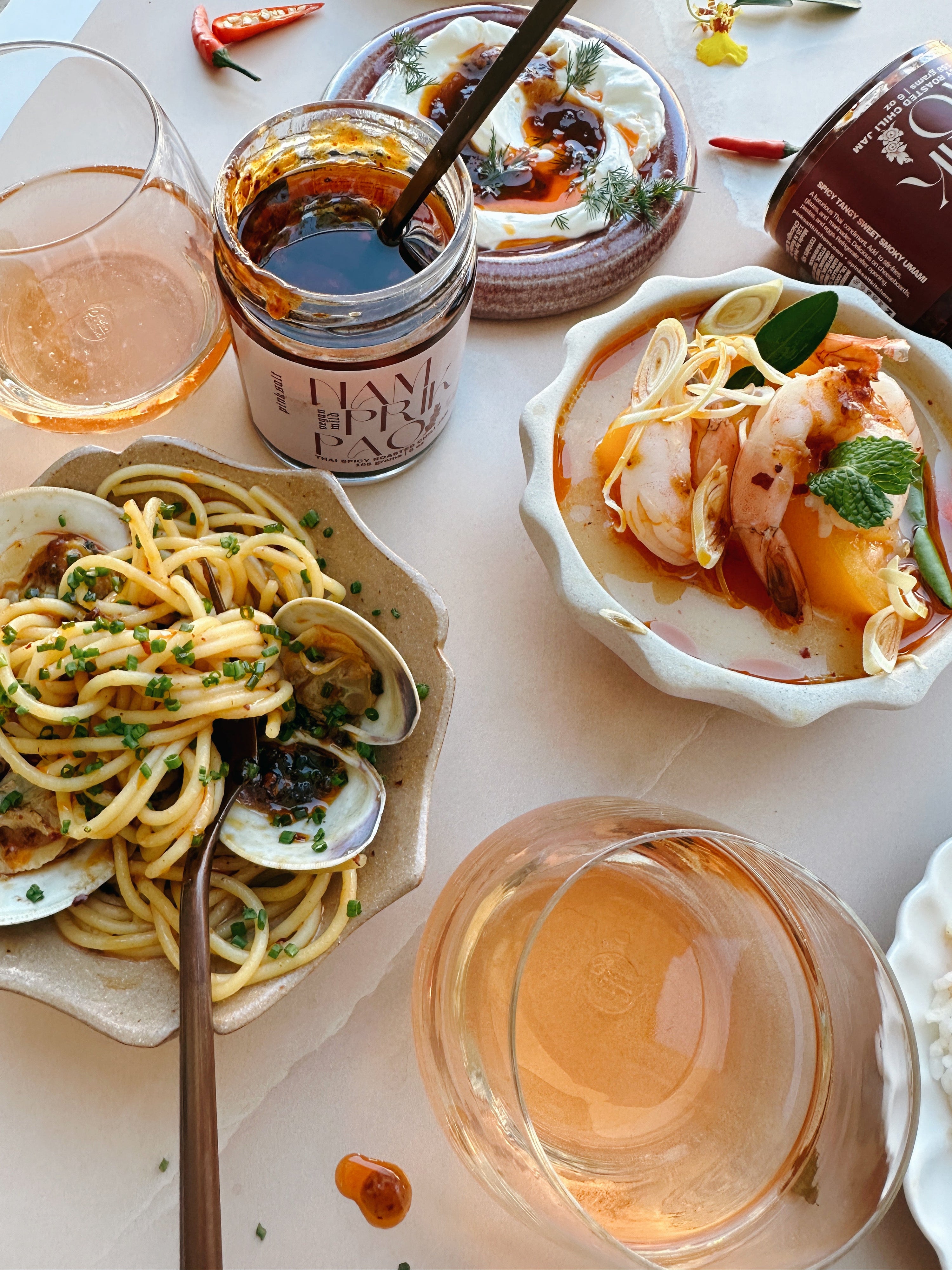 Nam prik pao with clam pasta and tom yum soup. A beautiful base for Thai cooking. 